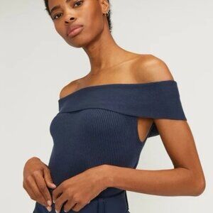 Everlane The Ribbed Cotton Off the Shoulder Top, Navy (M)